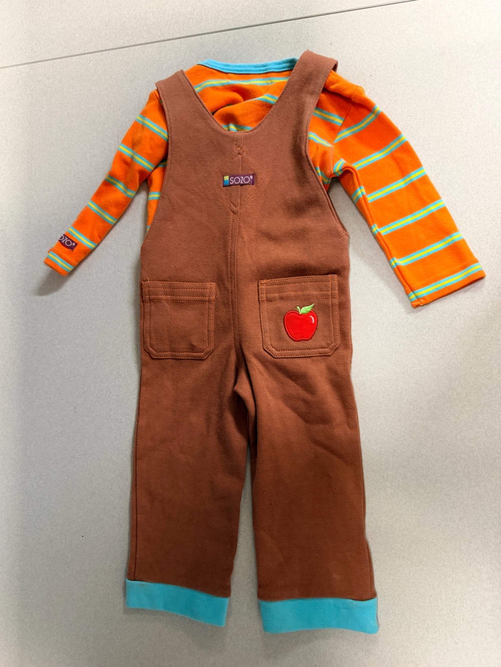 Kids Brown Horse Applique Overalls with Orange Stripe Shirt - Picture 3 of 7